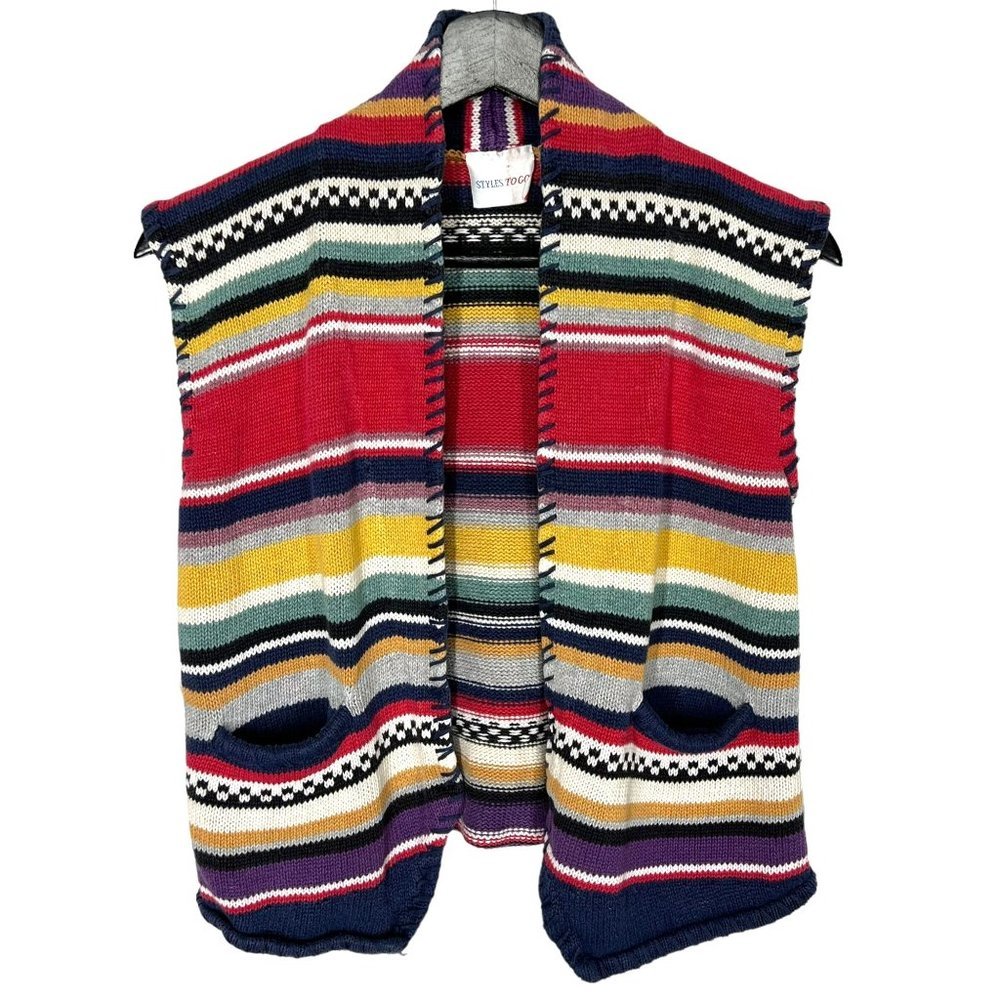Vintage 90s Multicolor Stripe Knit Open Front Vest Small